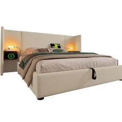 Lit coffre 180x200cm en lin - 2 tables de chavet avec liseuse - avec sommier à lattes - Beige