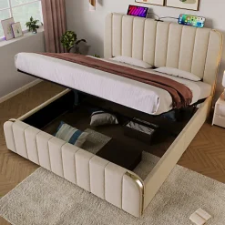 Lit coffre 140x200cm en tissu lin - avec recharge USB+Type-C - décoré de bandes dorées - Beige