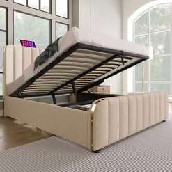 Lit coffre 140x200cm en tissu lin - avec recharge USB+Type-C - décoré de bandes dorées - Beige