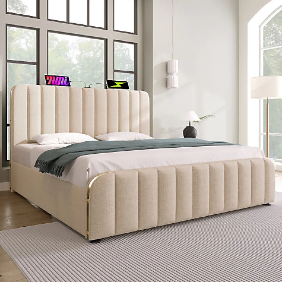 Lit coffre 140x200cm en tissu lin - avec recharge USB+Type-C - décoré de bandes dorées - Beige