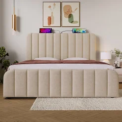 Lit coffre 140x200cm en tissu lin - avec recharge USB+Type-C - décoré de bandes dorées - Beige