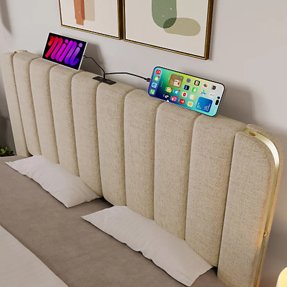 Lit coffre 140x200cm en tissu lin - avec recharge USB+Type-C - décoré de bandes dorées - Beige