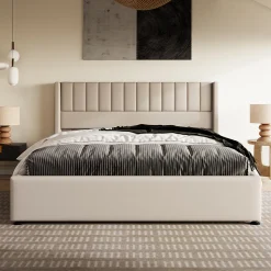 Lit coffre 160x200cm en tissu lin - avec tête de lit et sommier à lattes - Beige