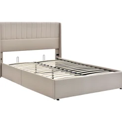 Lit coffre 160x200cm en tissu lin - avec tête de lit et sommier à lattes - Beige