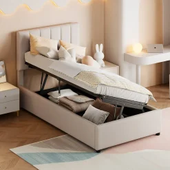 Lit coffre 90x200cm, lit capitonné d'enfant en lin, avec sommier à lattes et tête de lit, beige