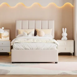 Lit coffre 90x200cm, lit capitonné d'enfant en lin, avec sommier à lattes et tête de lit, beige
