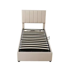 Lit coffre 90x200cm, lit capitonné d'enfant en lin, avec sommier à lattes et tête de lit, beige