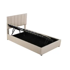 Lit coffre 90x200cm, lit capitonné d'enfant en lin, avec sommier à lattes et tête de lit, beige