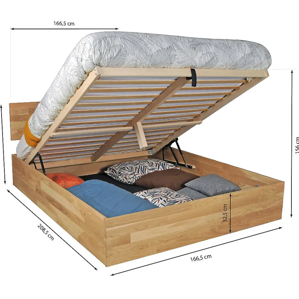 Lit coffre 160x200cm MILO avec tête de lit + sommier/ Chêne massif huilé