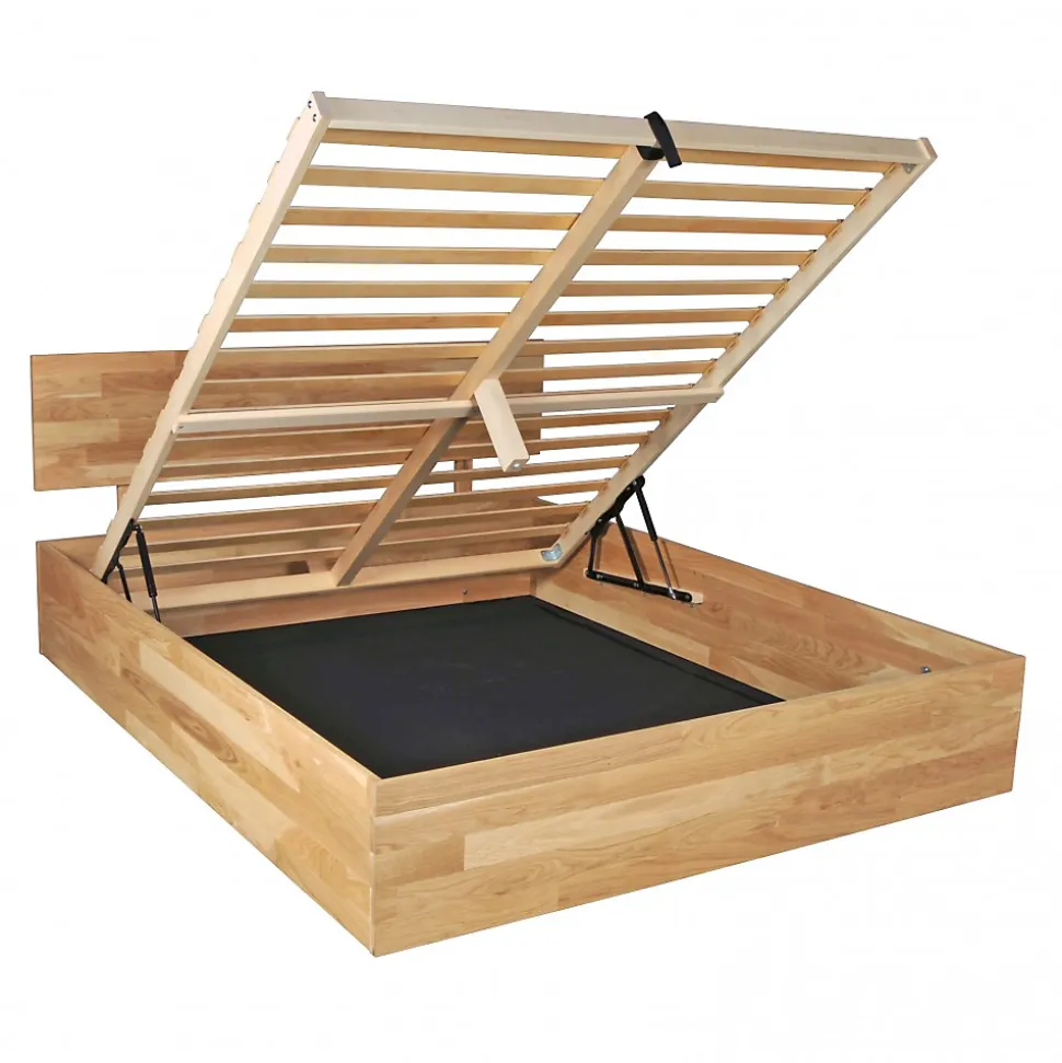 Lit coffre 160x200cm MILO avec tête de lit + sommier/ Chêne massif huilé