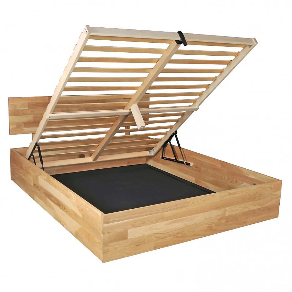 Lit coffre 140x200cm MILO avec tête de lit + sommier/ Chêne massif huilé