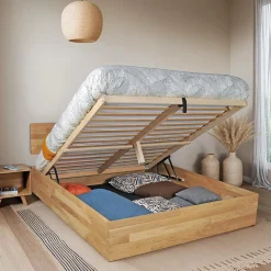 Lit coffre 140x200cm MILO avec tête de lit + sommier/ Chêne massif huilé