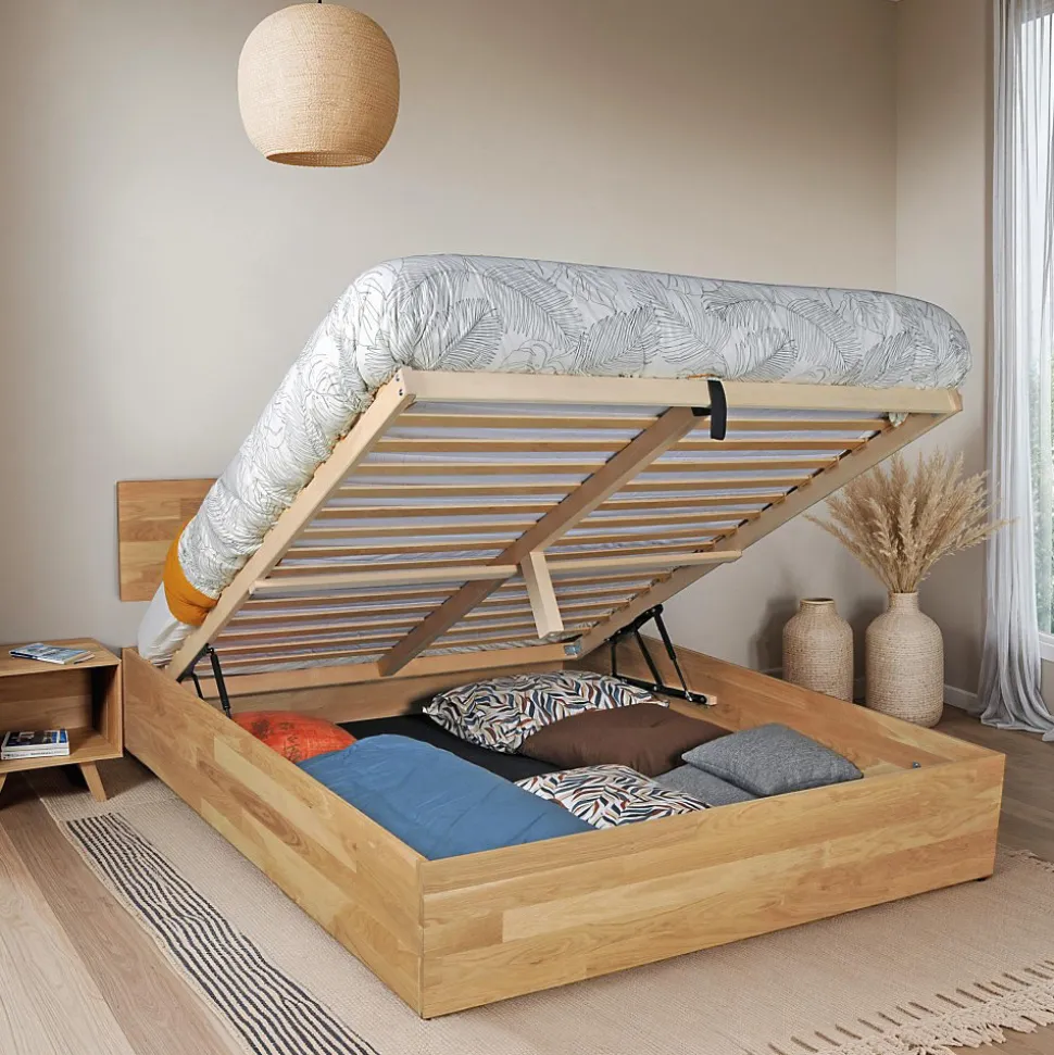 Lit coffre 140x200cm MILO avec tête de lit + sommier/ Chêne massif huilé