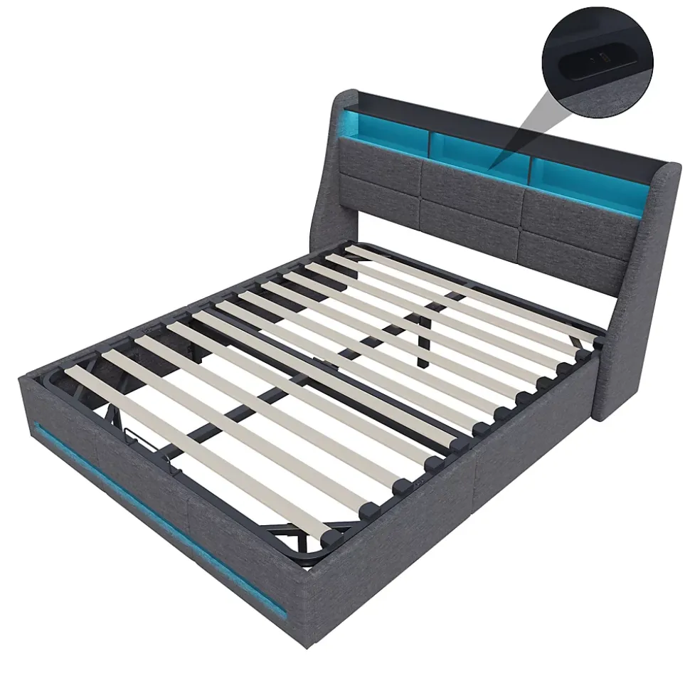 Lit coffre 140x200cm rembourré en tissu lin - avec LED et Ports de charge - avec sommier à lattes - Gris