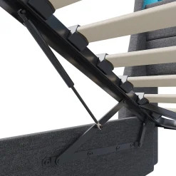 Lit coffre 140x200cm rembourré en tissu lin - avec LED et Ports de charge - avec sommier à lattes - Gris