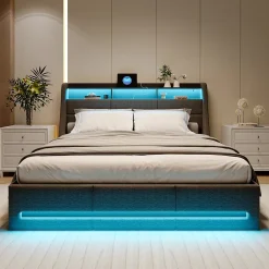 Lit coffre 140x200cm rembourré en tissu lin - avec LED et Ports de charge - avec sommier à lattes - Gris