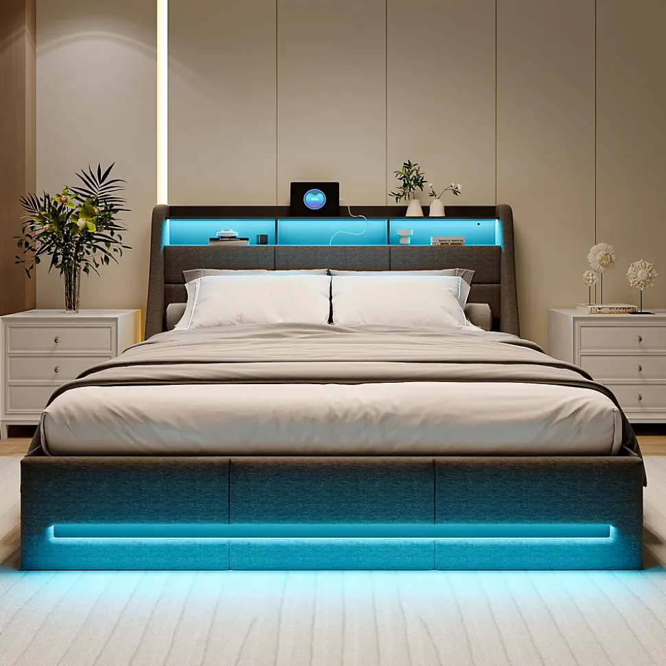 Lit coffre 140x200cm rembourré en tissu lin - avec LED et Ports de charge - avec sommier à lattes - Gris