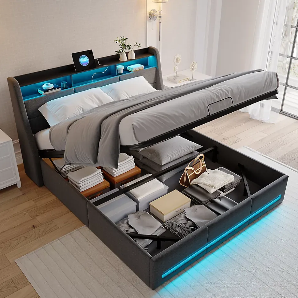 Lit coffre 140x200cm rembourré en tissu lin - avec LED et Ports de charge - avec sommier à lattes - Gris