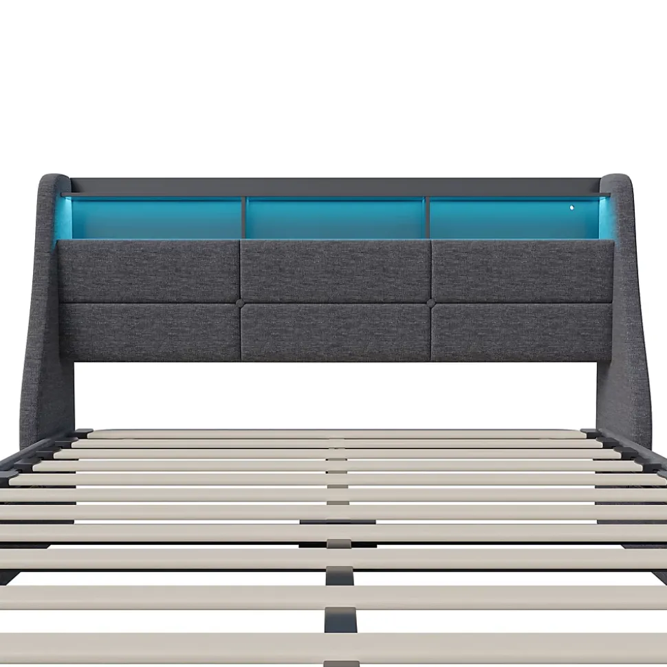 Lit coffre 140x200cm rembourré en tissu lin - avec LED et Ports de charge - avec sommier à lattes - Gris