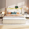 Lit Coffre 140x200cm,avec Éclairage LED Et Port USB, Avec Tête De Lit Coffre,structure Stable, Beige