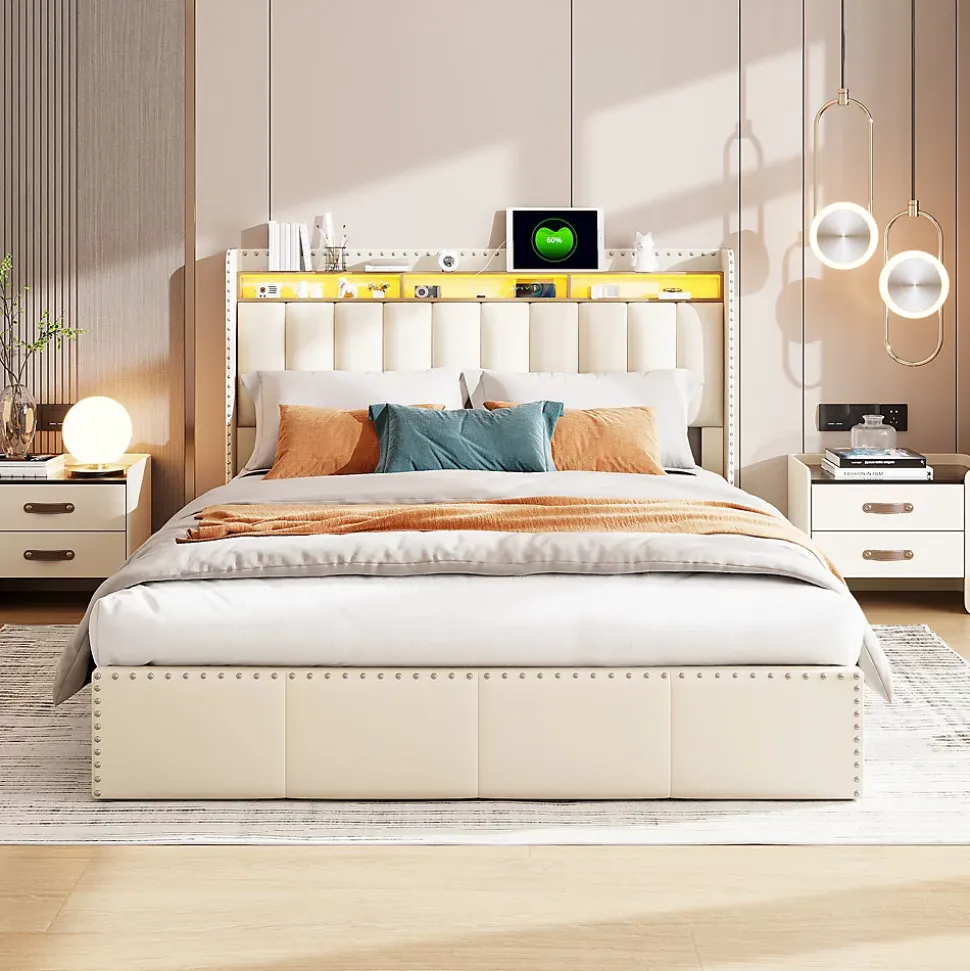 Lit Coffre 140x200cm,avec Éclairage LED Et Port USB, Avec Tête De Lit Coffre,structure Stable, Beige