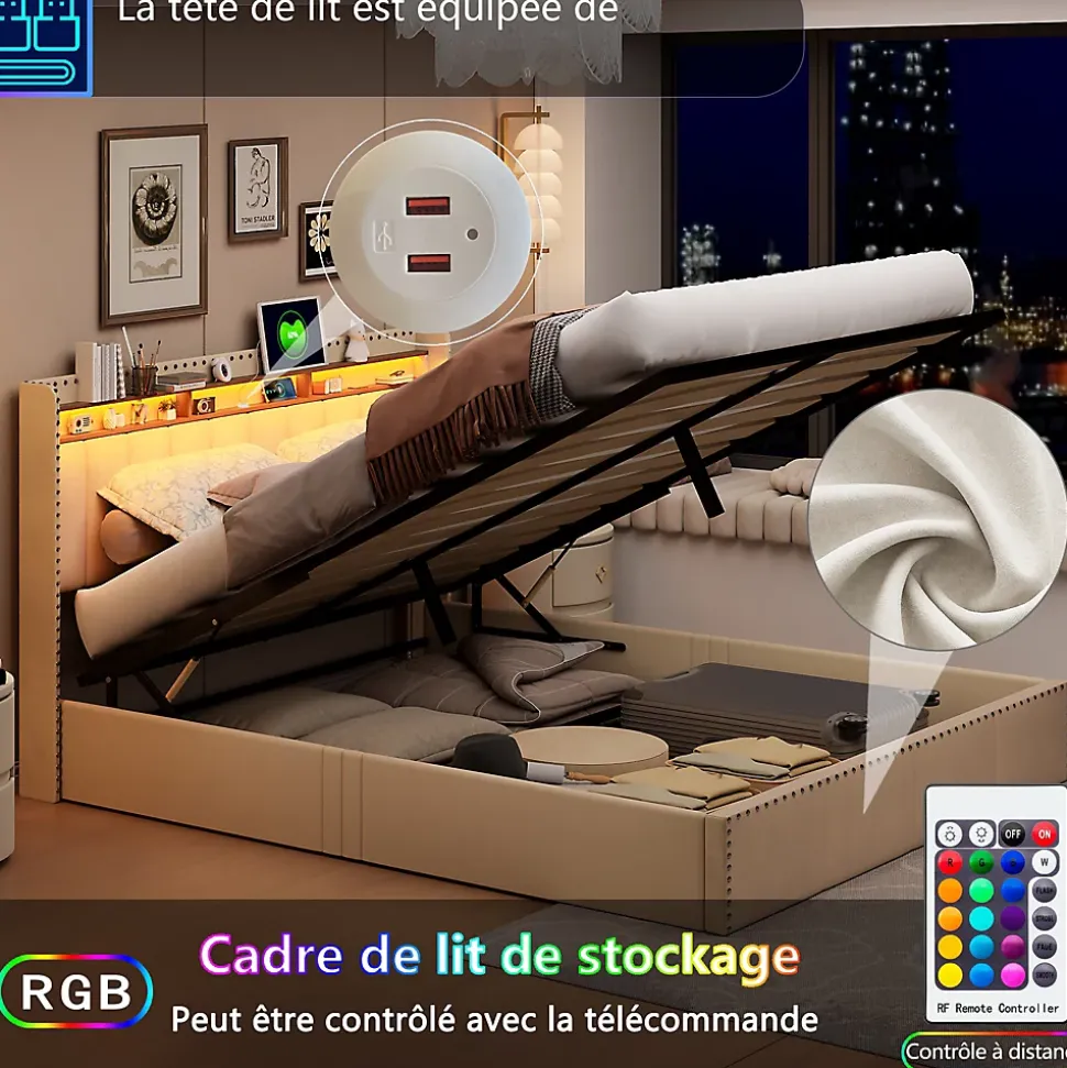 Lit Coffre 140x200cm,avec Éclairage LED Et Port USB, Avec Tête De Lit Coffre,structure Stable, Beige