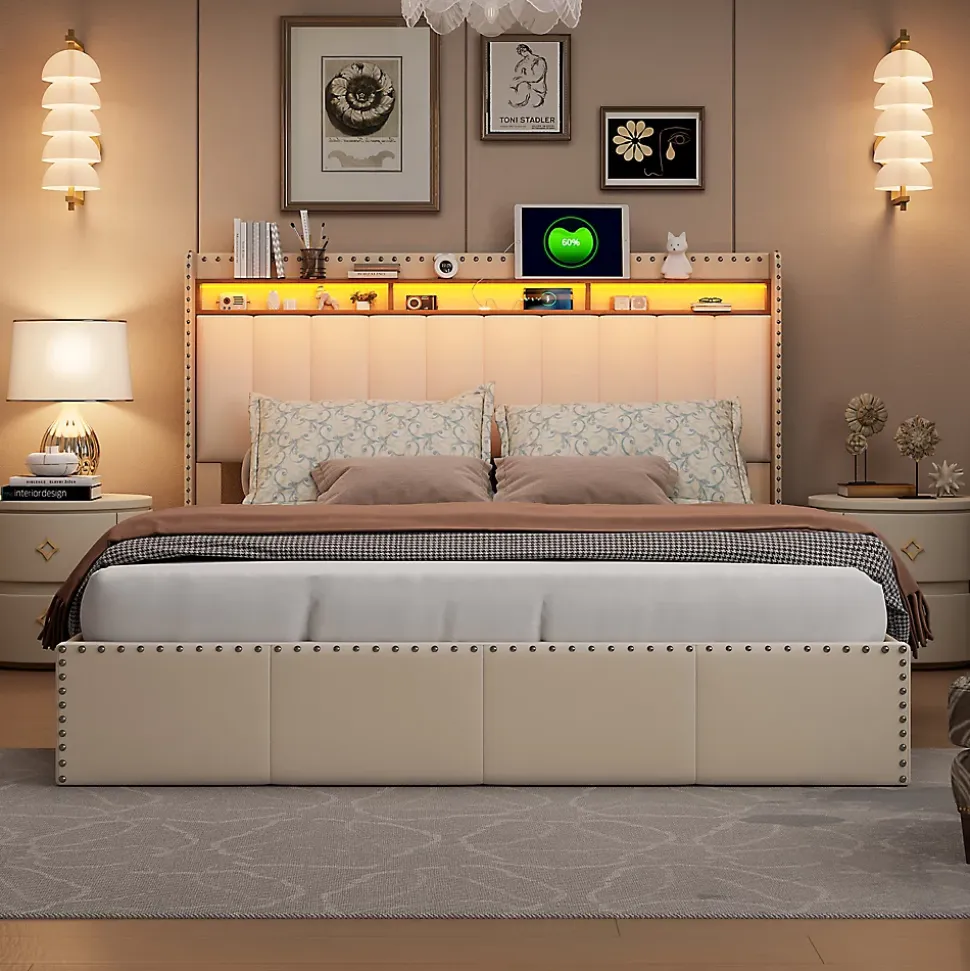 Lit Coffre 140x200cm,avec Éclairage LED Et Port USB, Avec Tête De Lit Coffre,structure Stable, Beige