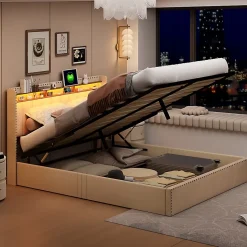 Lit Coffre 140x200cm,avec Éclairage LED Et Port USB, Avec Tête De Lit Coffre,structure Stable, Beige