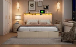 Lit Coffre 140x200cm,avec Éclairage LED Et Port USB, Avec Tête De Lit Coffre,structure Stable, Beige