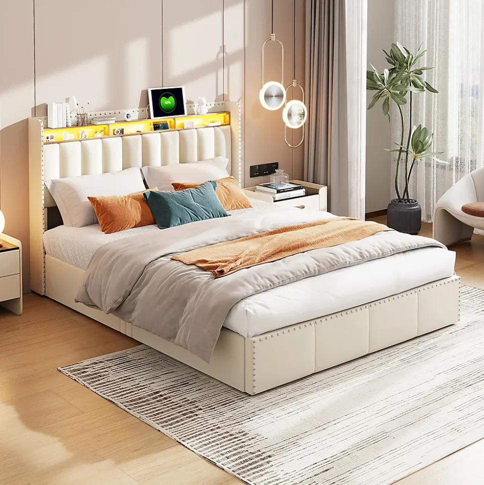Lit Coffre 140x200cm,avec Éclairage LED Et Port USB, Avec Tête De Lit Coffre,structure Stable, Beige