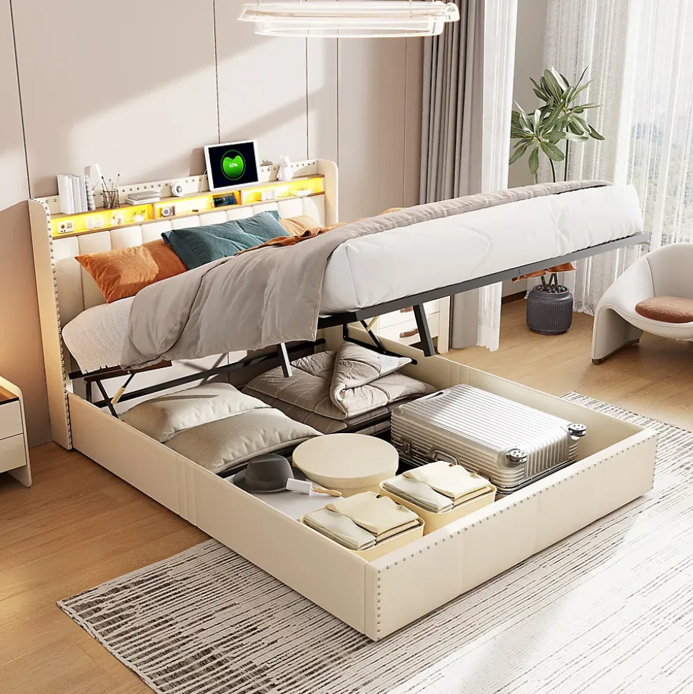 Lit Coffre 140x200cm,avec Éclairage LED Et Port USB, Avec Tête De Lit Coffre,structure Stable, Beige