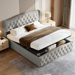 lit coffre 160x200,lit capitonné avec sommier à lattes,tête de lit ondulée,design rivet,velours,gris