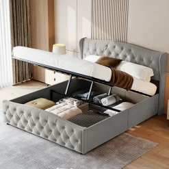 lit coffre 160x200,lit capitonné avec sommier à lattes,tête de lit ondulée,design rivet,velours,gris