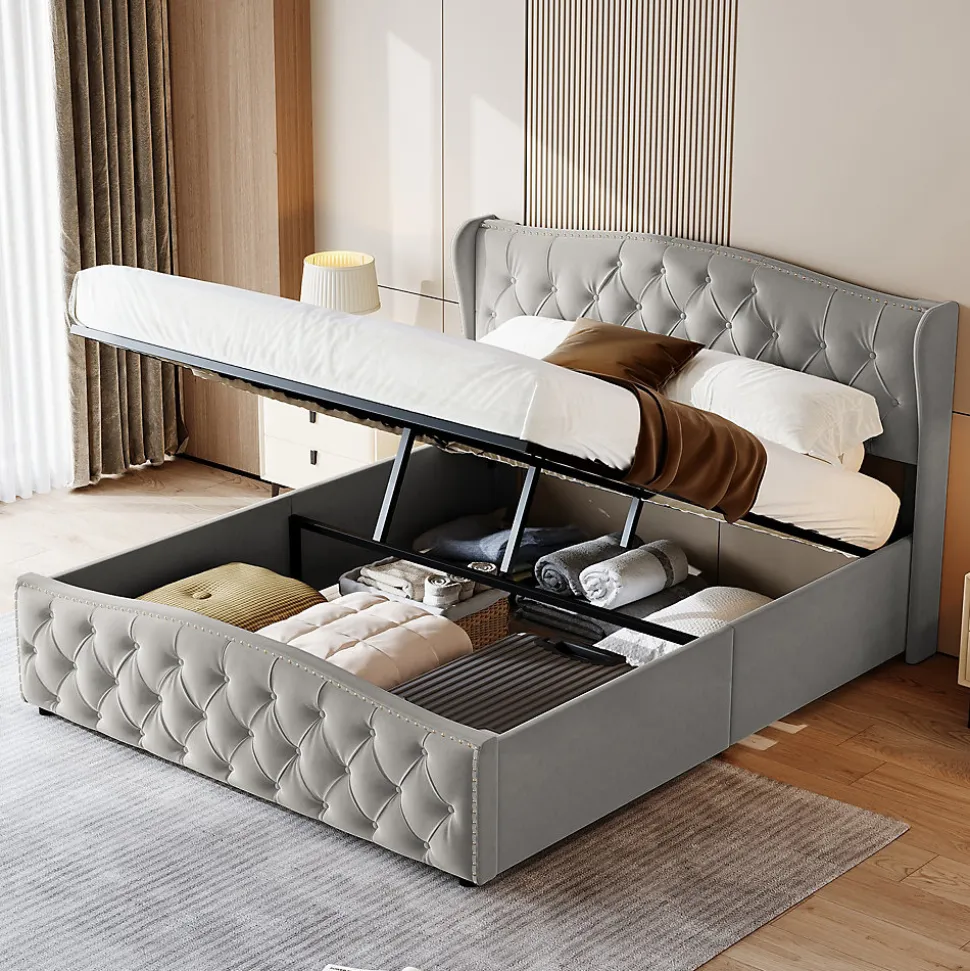 lit coffre 160x200,lit capitonné avec sommier à lattes,tête de lit ondulée,design rivet,velours,gris