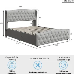 lit coffre 160x200,lit capitonné avec sommier à lattes,tête de lit ondulée,design rivet,velours,gris