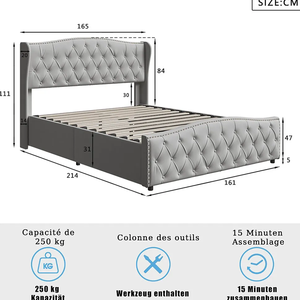 lit coffre 160x200,lit capitonné avec sommier à lattes,tête de lit ondulée,design rivet,velours,gris