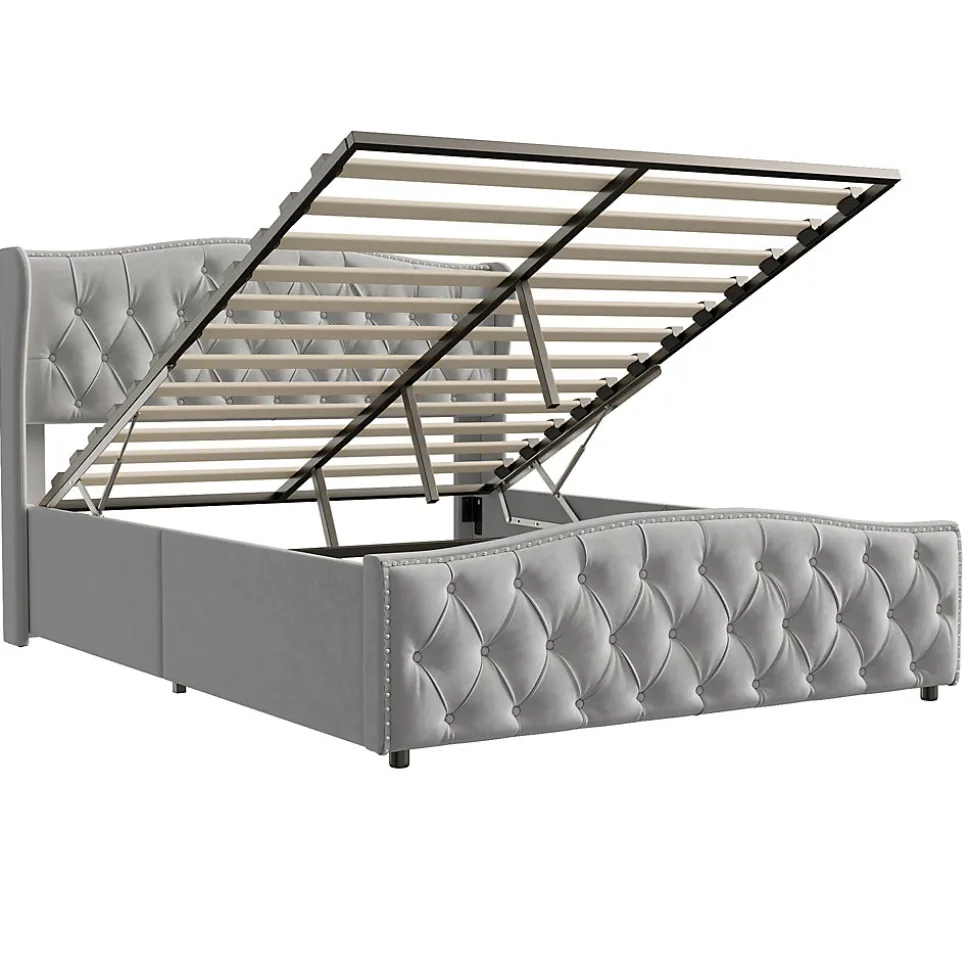 lit coffre 160x200,lit capitonné avec sommier à lattes,tête de lit ondulée,design rivet,velours,gris