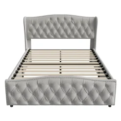 lit coffre 160x200,lit capitonné avec sommier à lattes,tête de lit ondulée,design rivet,velours,gris