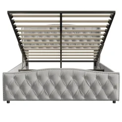 lit coffre 160x200,lit capitonné avec sommier à lattes,tête de lit ondulée,design rivet,velours,gris