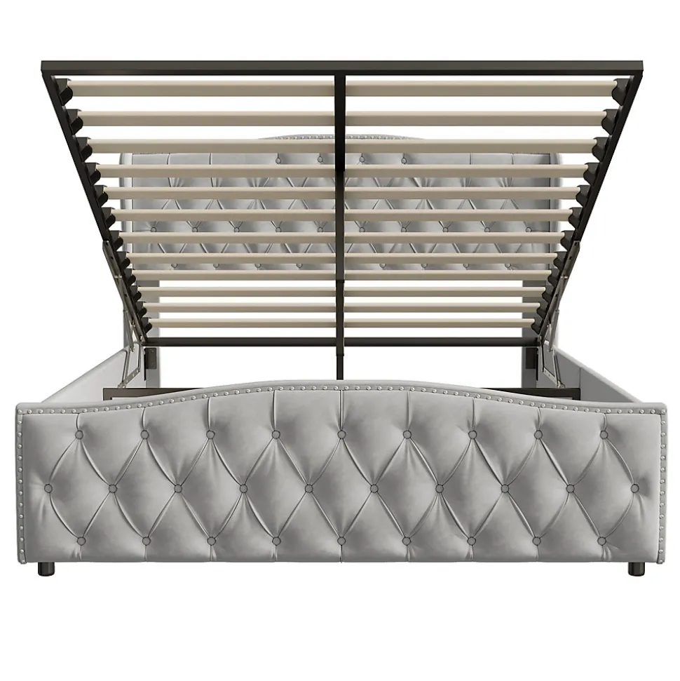 lit coffre 160x200,lit capitonné avec sommier à lattes,tête de lit ondulée,design rivet,velours,gris