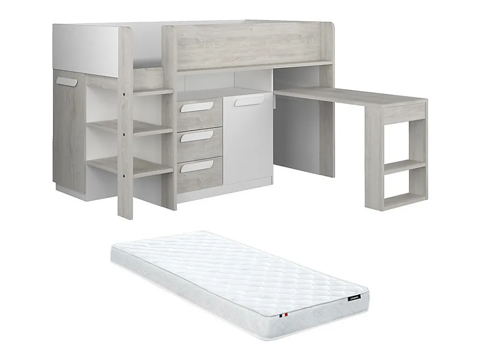 Lit combiné 90 x 200 cm - Avec bureau et rangements - Blanc et naturel + Matelas - LOUKALA