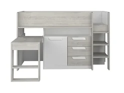 Lit combiné 90 x 200 cm - Avec bureau et rangements - Blanc et naturel + Matelas - LOUKALA