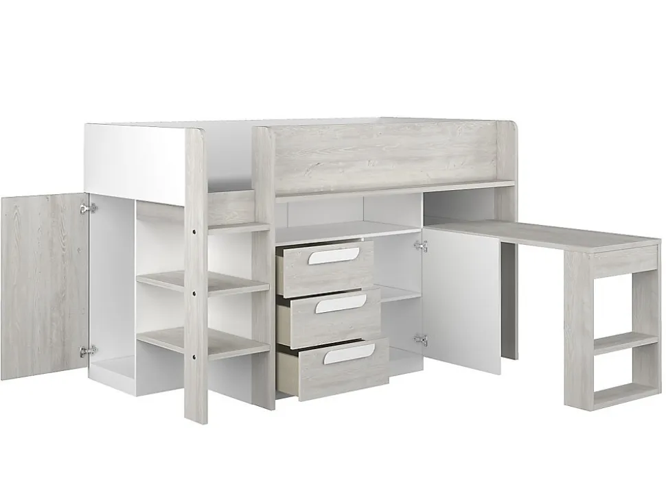 Lit combiné 90 x 200 cm - Avec bureau et rangements - Blanc et naturel + Matelas - LOUKALA