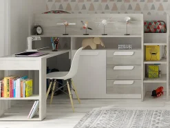 Lit combiné 90 x 200 cm - Avec bureau et rangements - Blanc et naturel + Matelas - LOUKALA