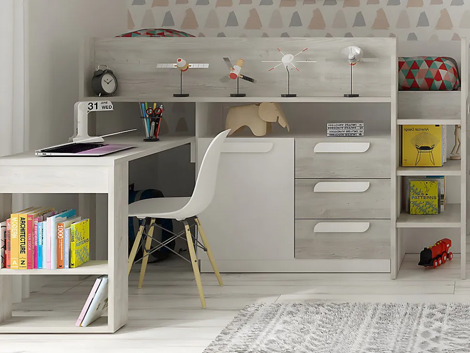 Lit combiné 90 x 200 cm - Avec bureau et rangements - Blanc et naturel + Matelas - LOUKALA