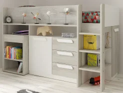 Lit combiné 90 x 200 cm - Avec bureau et rangements - Blanc et naturel + Matelas - LOUKALA