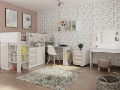 Lit combiné 90 x 200 cm - Avec bureau et rangements - Blanc et naturel + Matelas - LOUKALA