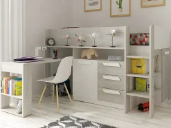 Lit combiné 90 x 200 cm - Avec bureau et rangements - Blanc et naturel - LOUKALA