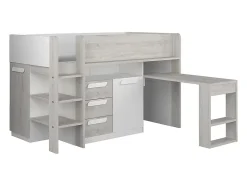 Lit combiné 90 x 200 cm - Avec bureau et rangements - Blanc et naturel - LOUKALA