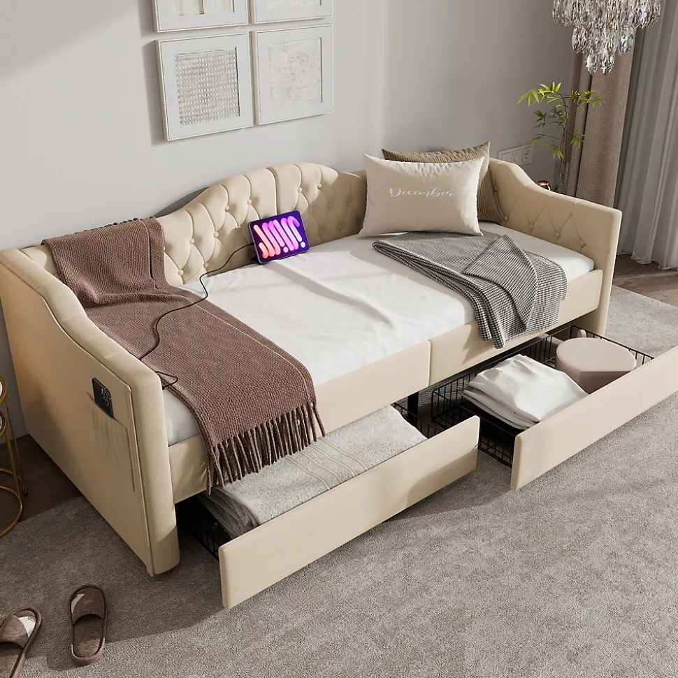 Lit combiné 90 x 200 cm - Lit avec 2 tiroirs et ports USB - Velours Beige - Sans Matelas